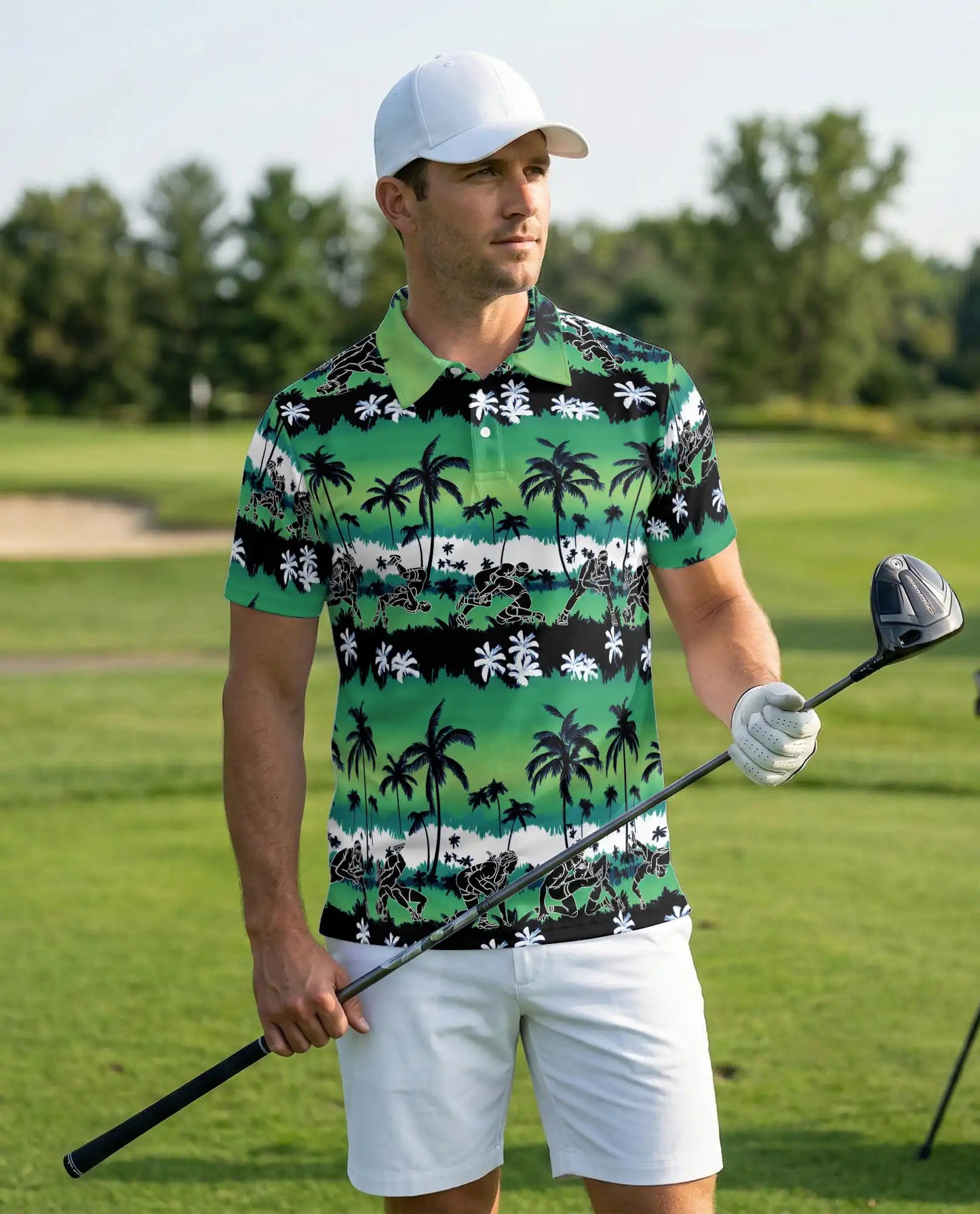 Wrestling Hawaiian 3D Polo Shirt for Men – Green Tropical Beach Style | Azhobbyshop