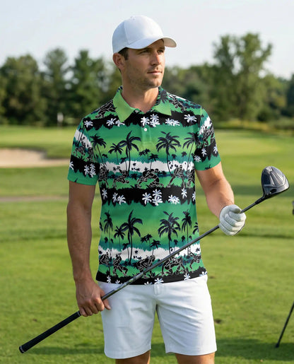 Wrestling Hawaiian 3D Polo Shirt for Men – Green Tropical Beach Style | Azhobbyshop