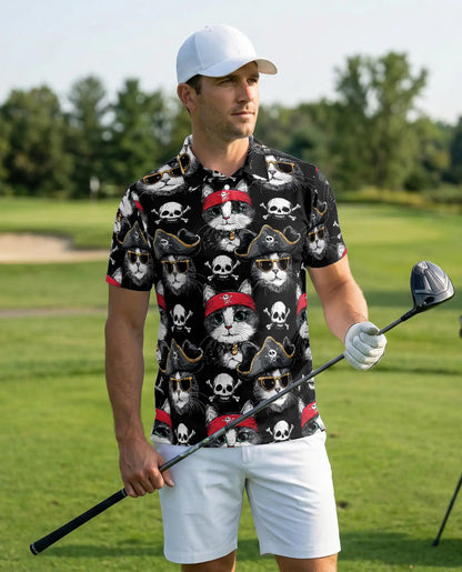 Funny Pirate Cat Skull Black Polo Shirt for Cat Lovers | Azhobbyshop