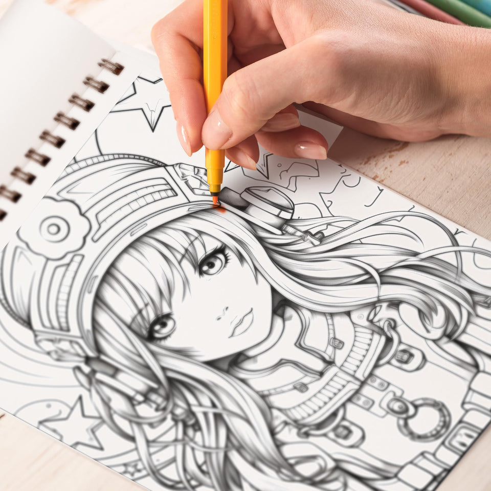 Kawaii Steampunk Girls Spiral Bound Coloring Book, Embark on a Coloring Journey with 30 Pages of Adorable Steampunk Girls in a Whimsical World