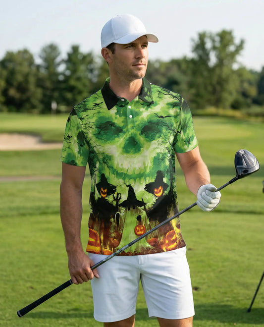 Halloween Ghost Skull 3D Polo Shirt for Men – Spooky Pumpkin Night Design | Azhobbyshop