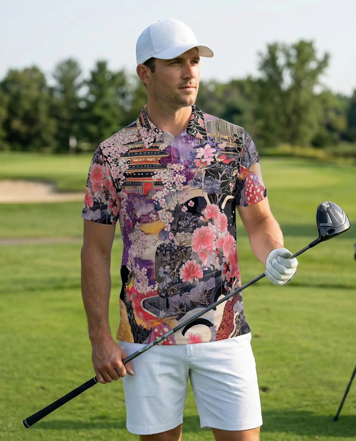 Japanese Art Polo Shirt – Sakura Temple Oriental Style Shirt | Azhobbyshop