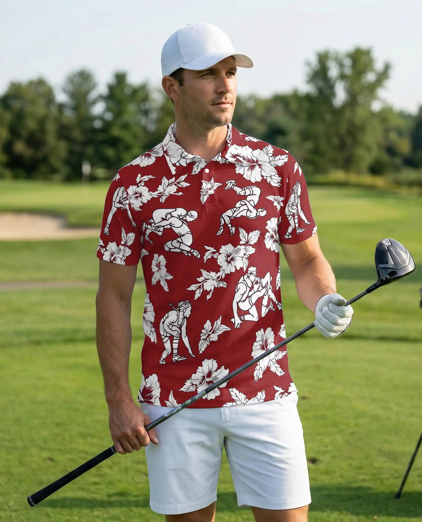 Wrestling Hawaiian 3D Polo Shirt for Men – Red Hibiscus Tropical Style | Azhobbyshop