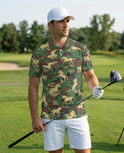 Camo Horse 3D Polo Shirt for Men – Military Camouflage & Wild Horse Print | Azhobbyshop