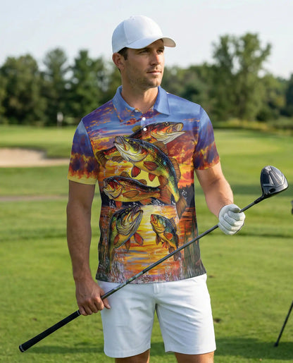 Bass Fishing Sunset 3D Polo Shirt for Men – Lake Fishing Art Print | Azhobbyshop
