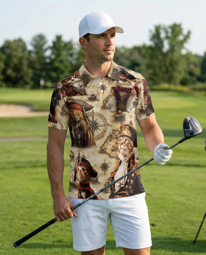 Pirate Cat 3D Polo Shirt for Men – Vintage Nautical Funny Cat Style | Azhobbyshop