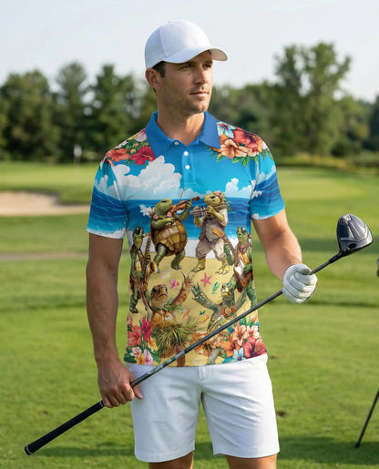 Funny Turtle Band 3D Polo Shirt for Men – Tropical Beach Party Style | Azhobbyshop