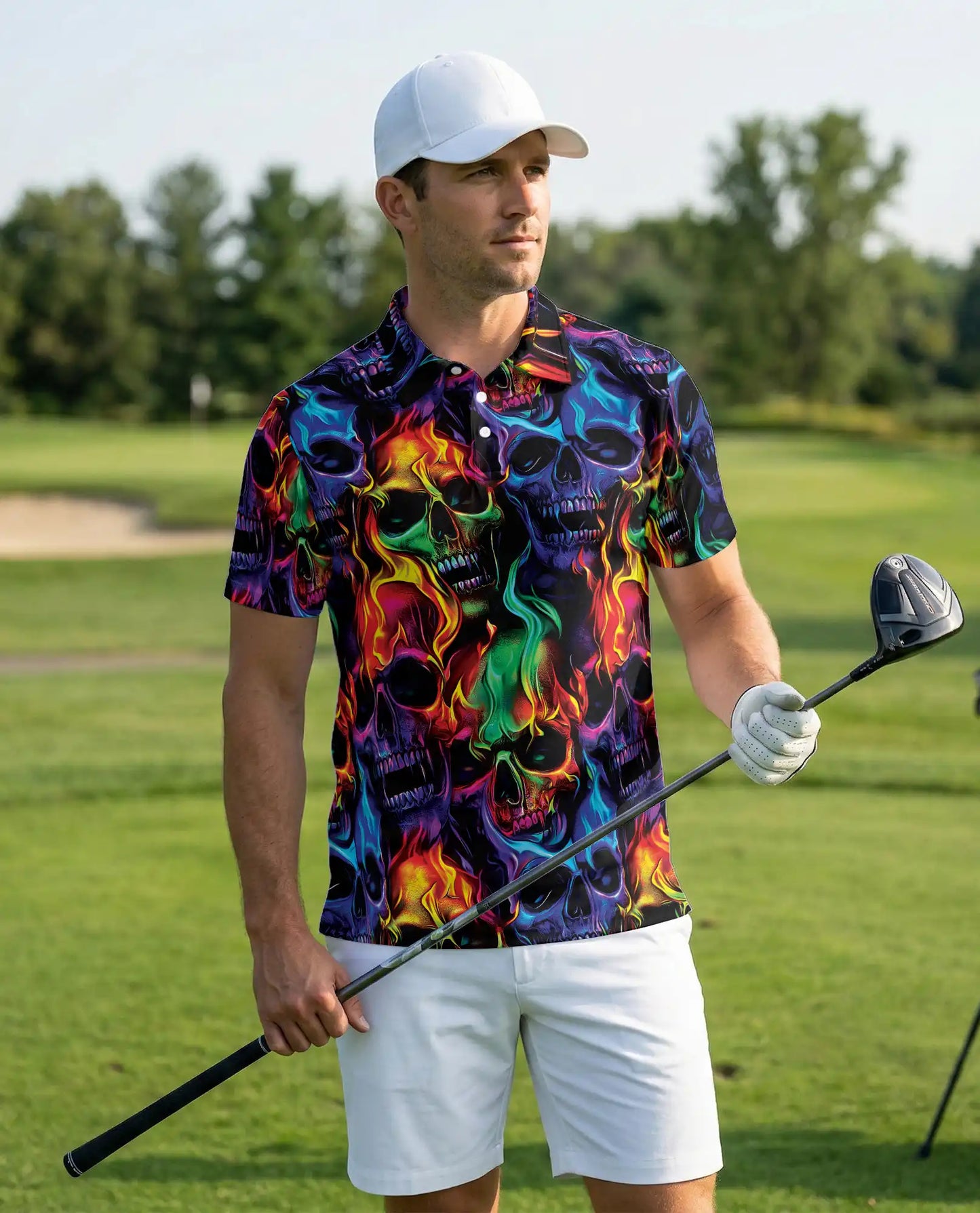 Flaming Skull Polo Shirt – Neon Gothic 3D Skull Graphic Tee | Azhobbyshop
