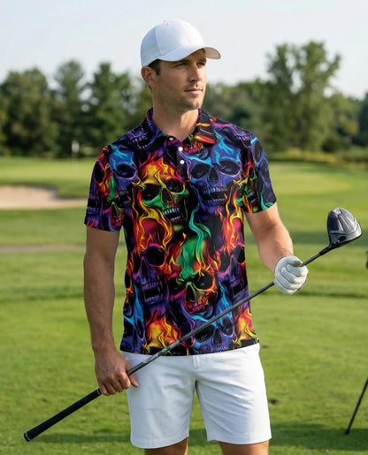 Flaming Skull Polo Shirt – Neon Gothic 3D Skull Graphic Tee | Azhobbyshop