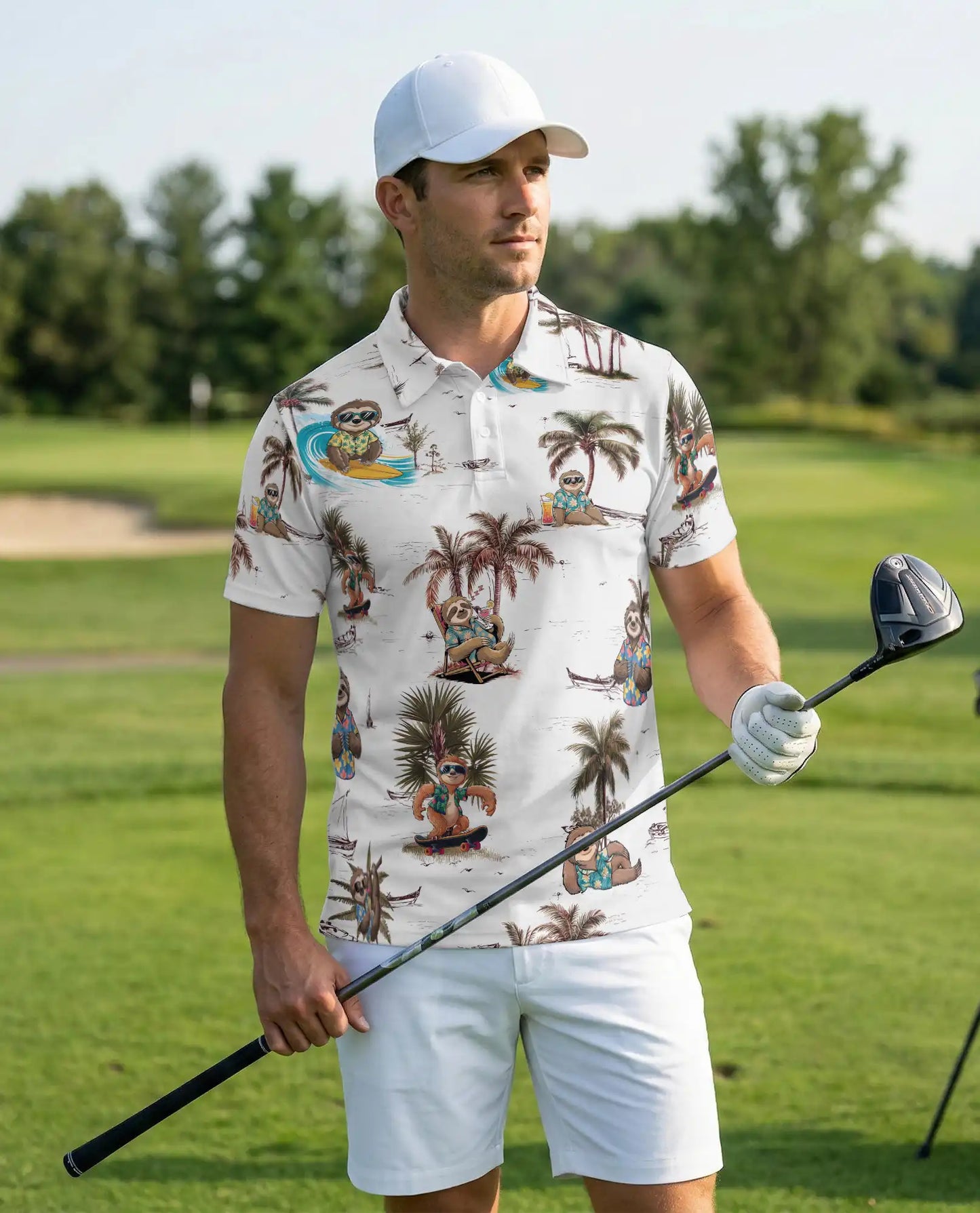 Sloth Hawaiian 3D Polo Shirt for Men – Funny Tropical Beach Style | Azhobbyshop