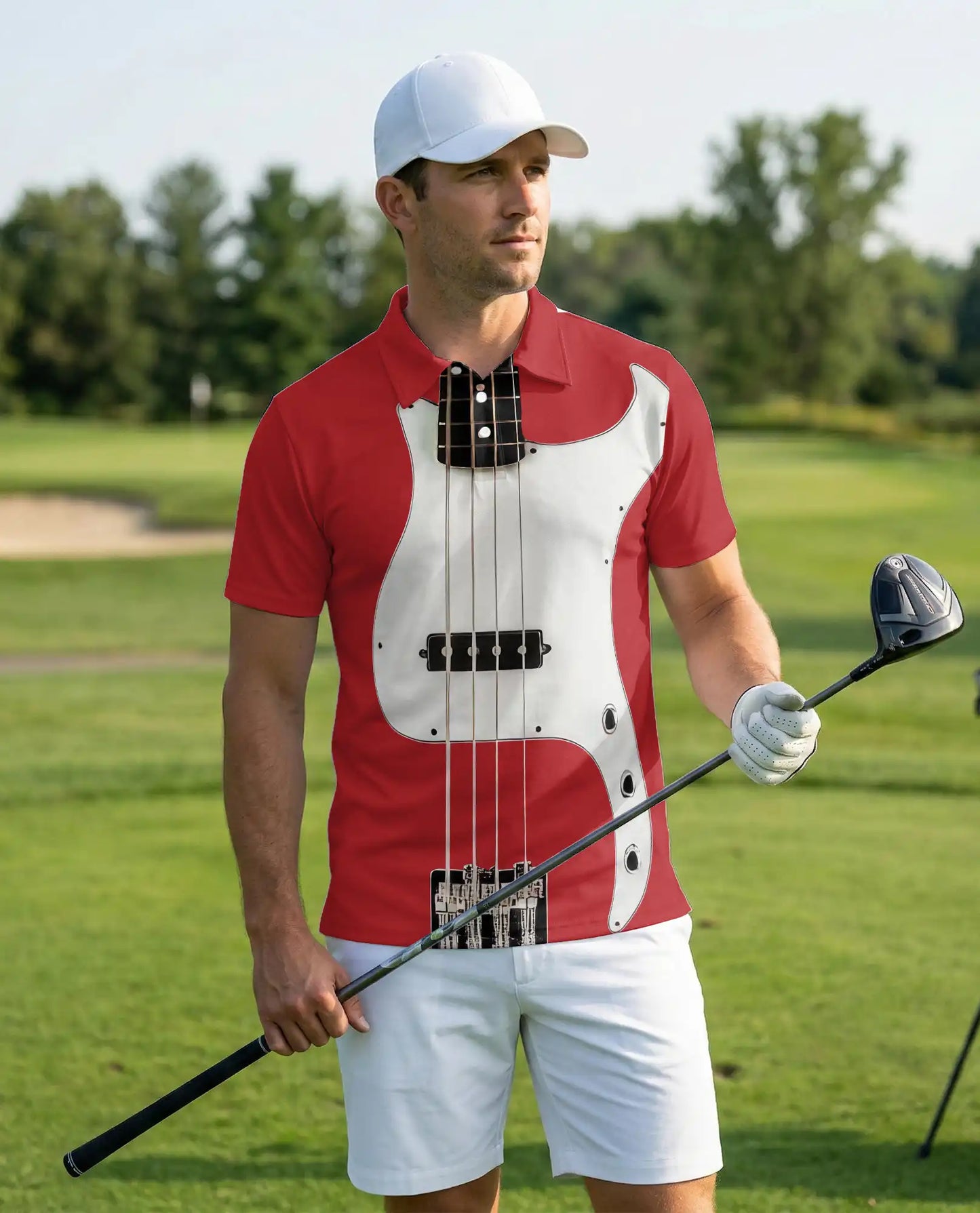 Bass Guitar 3D Polo Shirt for Men – Red Electric Music Style | Azhobbyshop