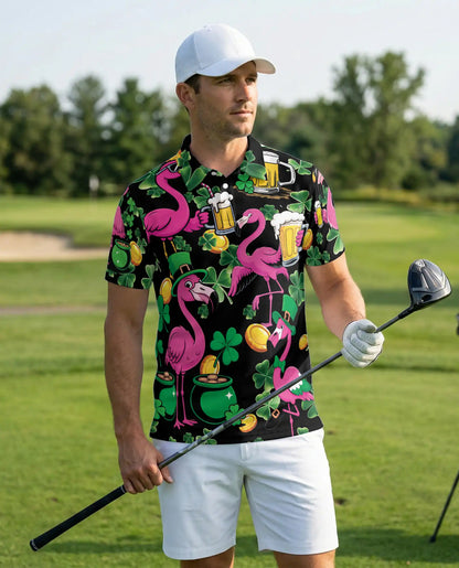 St Patrick Flamingo 3D Polo Shirt for Men – Funny Irish Beer Party Style | Azhobbyshop