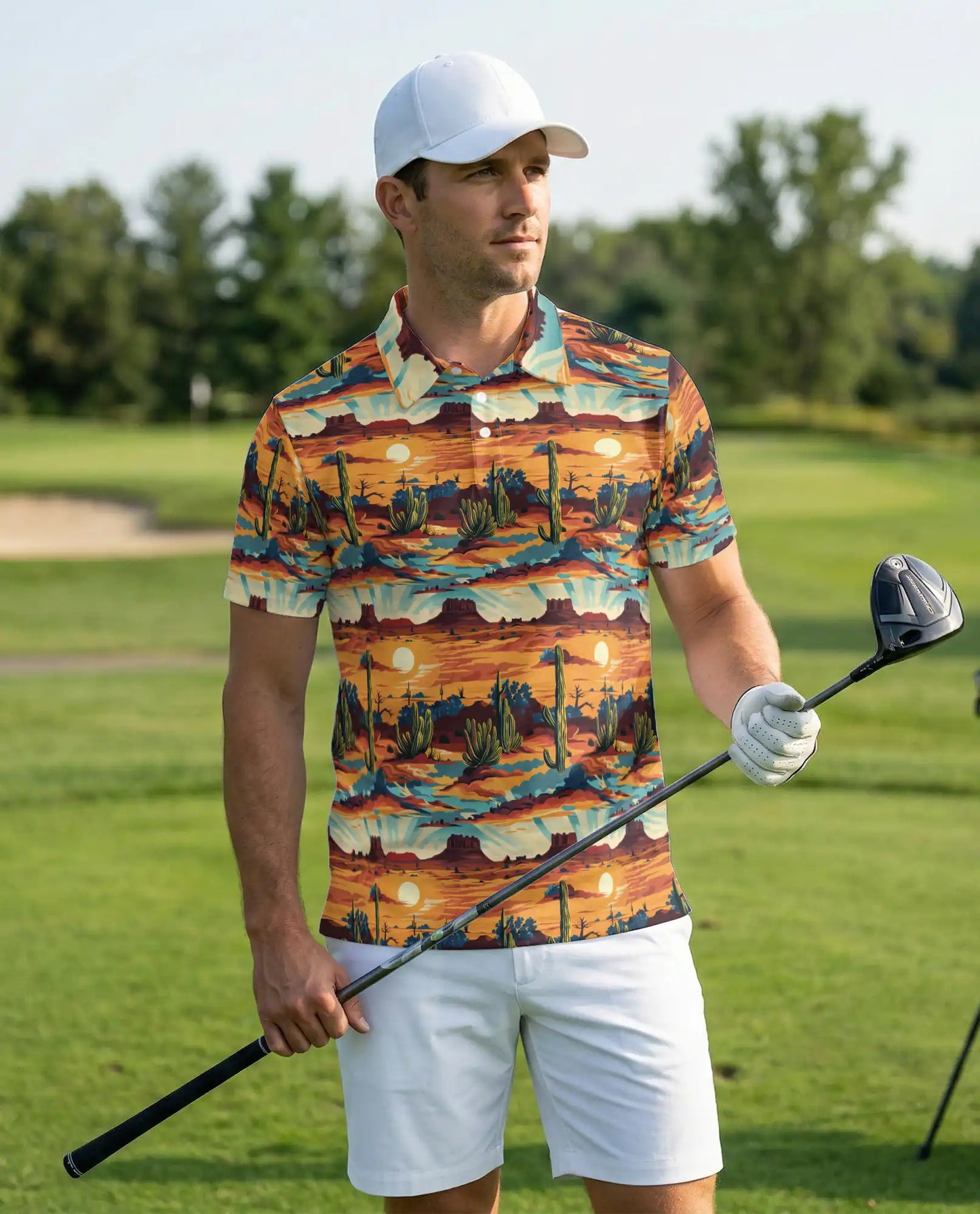 Desert Sunset 3D Polo Shirt for Men – Western Cactus Landscape Style | Azhobbyshop