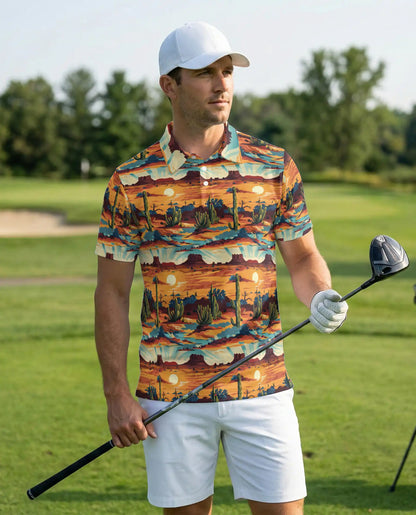 Desert Sunset 3D Polo Shirt for Men – Western Cactus Landscape Style | Azhobbyshop