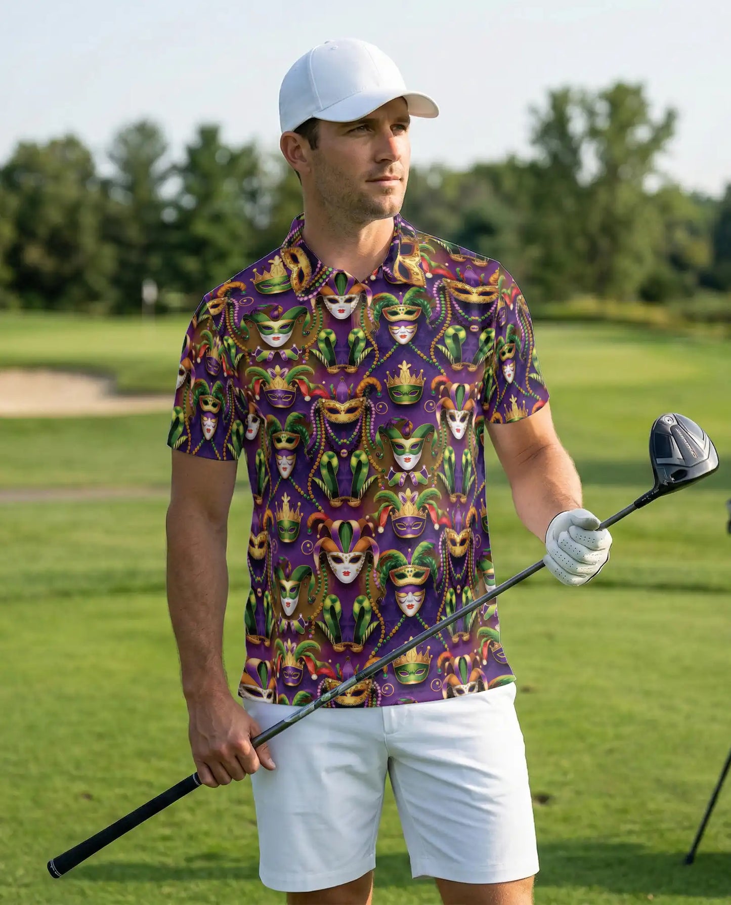 Mardi Gras Mask Purple Green Gold Polo Shirt | Azhobbyshop