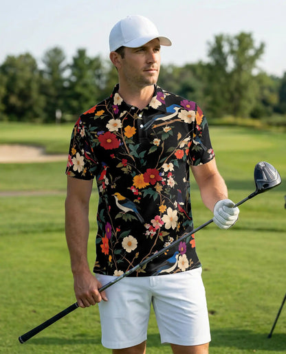 Bird Flower 3D Polo Shirt for Men – Vintage Floral Birds Hawaiian Style | Azhobbyshop