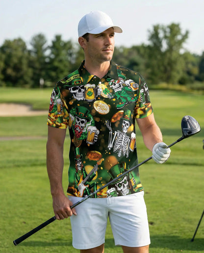 St. Patrick’s Day Skull Hawaiian Polo Shirt – Irish Beer Skeleton Shirt | Azhobbyshop