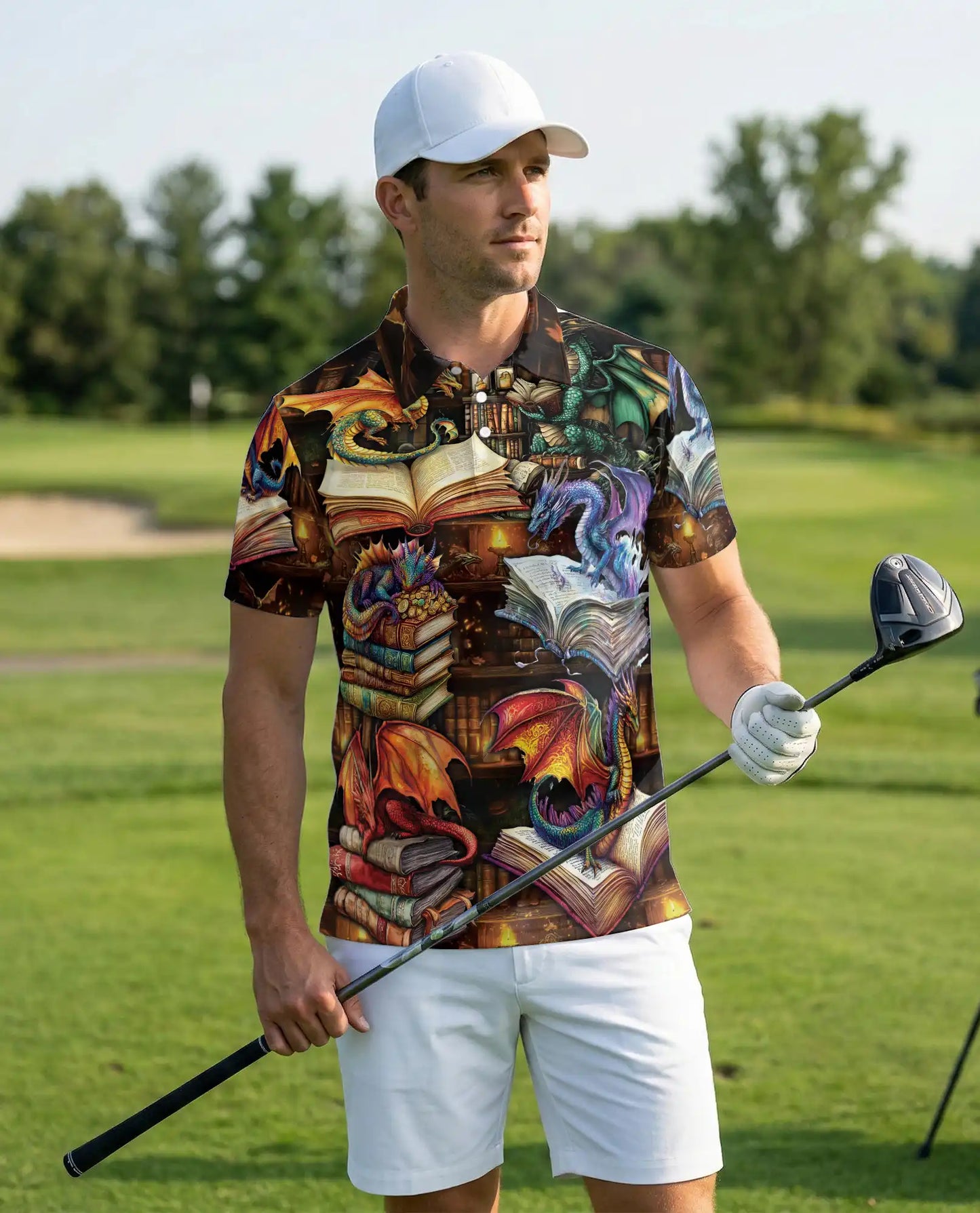 Dragon Book 3D Polo Shirt for Men – Fantasy Library Magic Style | Azhobbyshop