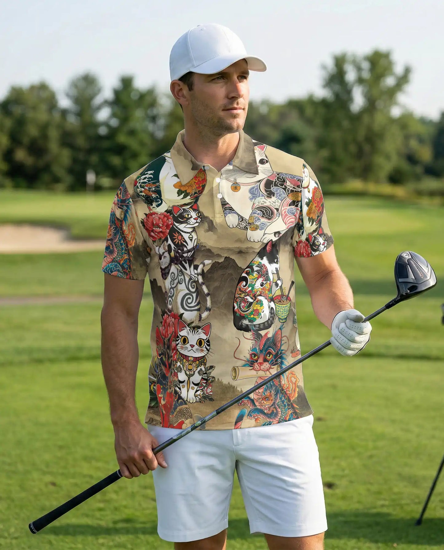 Japanese Cat 3D Polo Shirt for Men – Tattoo Dragon Art Style | Azhobbyshop
