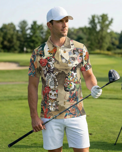 Japanese Cat 3D Polo Shirt for Men – Tattoo Dragon Art Style | Azhobbyshop