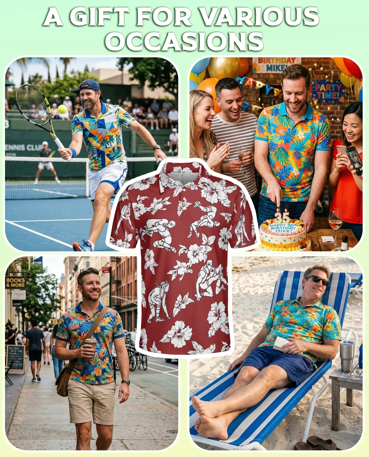 Wrestling Hawaiian 3D Polo Shirt for Men – Red Hibiscus Tropical Style | Azhobbyshop