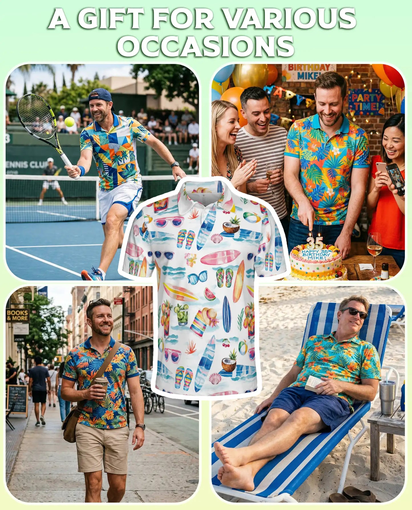 Beach Summer Vibes 3D Polo Shirt for Men – Surf, Sunglasses & Tropical Print | Azhobbyshop