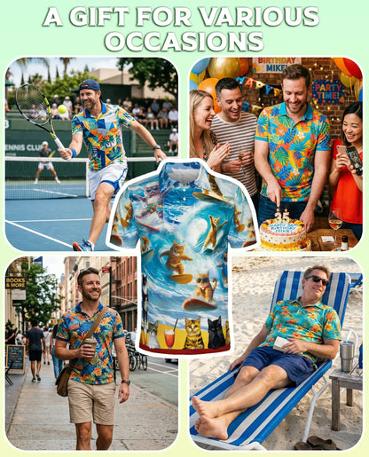 Surfing Cat Polo Shirt- Funny Beach Cat Surf Print Summer Shirt | Azhobbyshop
