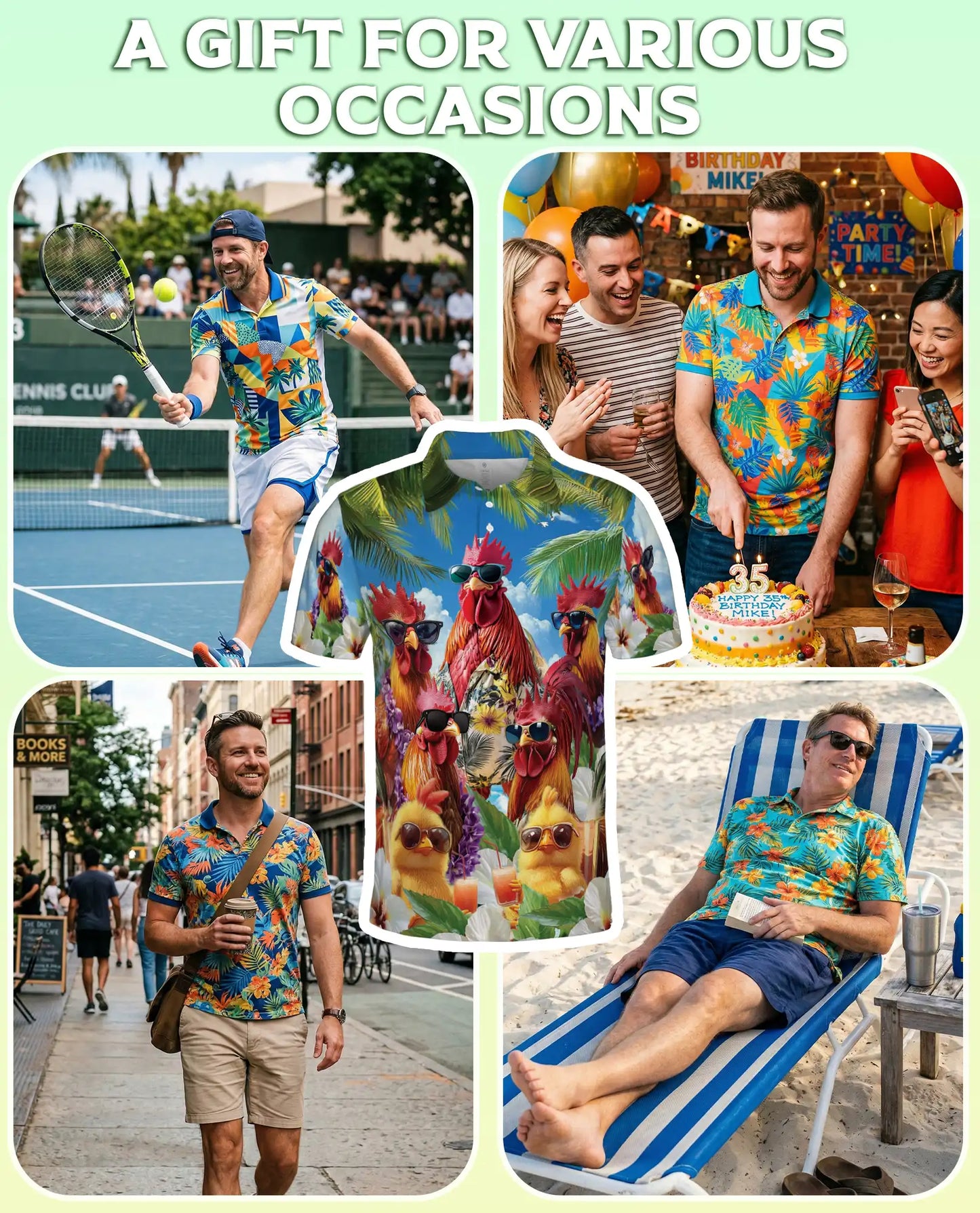 Funny Rooster 3D Polo Shirt – Tropical Hawaiian Style | Azhobbyshop