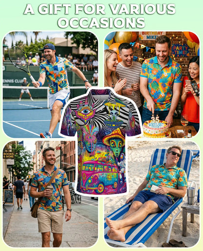 Psychedelic Alien 3D Polo Shirt for Men – Trippy UFO & Hippie Van Print | Azhobbyshop