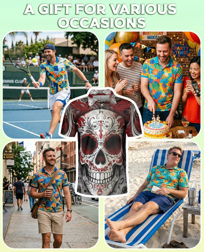 Sugar Skull 3D Polo Shirt for Men – Red Gothic Day of the Dead Style | Azhobbyshop