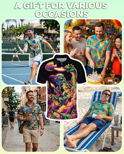Galaxy Dinosaurs 3D Polo Shirt for Men – Space T-Rex Cosmic Print | Azhobbyshop