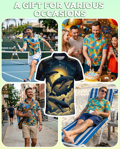 Whale Midnight 3D Polo Shirt for Men – Moonlit Ocean & Starry Sky Print | Azhobbyshop