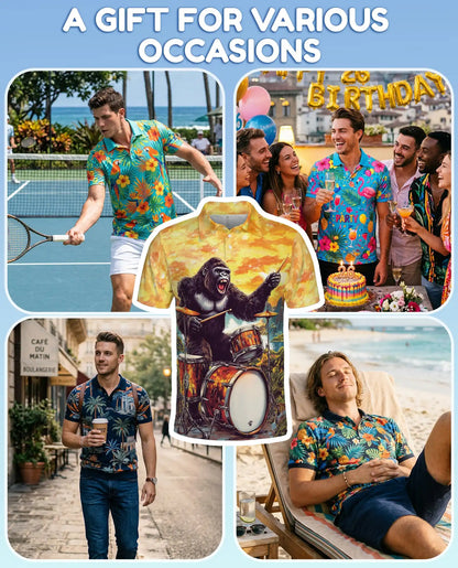 Gorilla Drummer 3D Polo Shirt for Men – Funny Animal Musician Style | Azhobbyshop