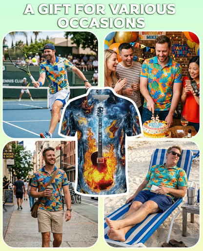 Flaming Guitar 3D Polo Shirt for Men – Rock Music Water Storm Style | Azhobbyshop