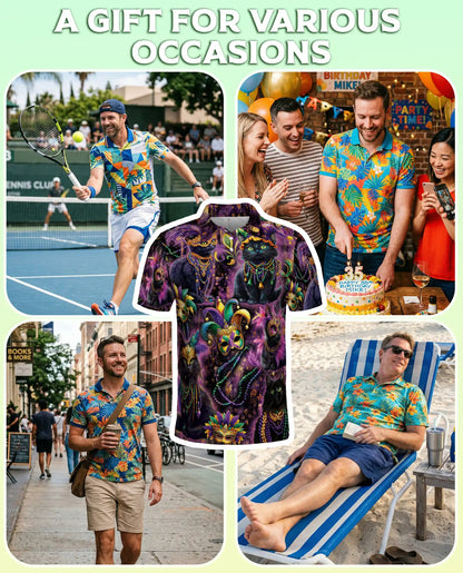 Mardi Gras Black Cat Hawaiian Polo Shirt – Carnival Mask Cat Shirt | Azhobbyshop