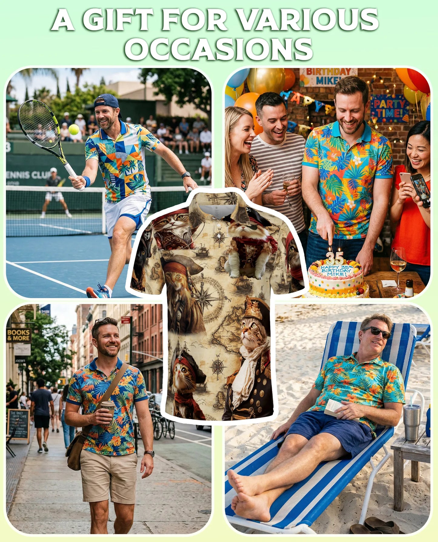 Pirate Cat 3D Polo Shirt for Men – Vintage Nautical Funny Cat Style | Azhobbyshop