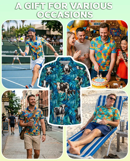 Cow Tropical 3D Polo Shirt for Men – Funny Farm Animal Hawaiian Style | Azhobbyshop