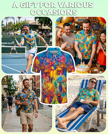 Colorful Elk Moose 3D Polo Shirt for Men – Psychedelic Wildlife Art Print | Azhobbyshop