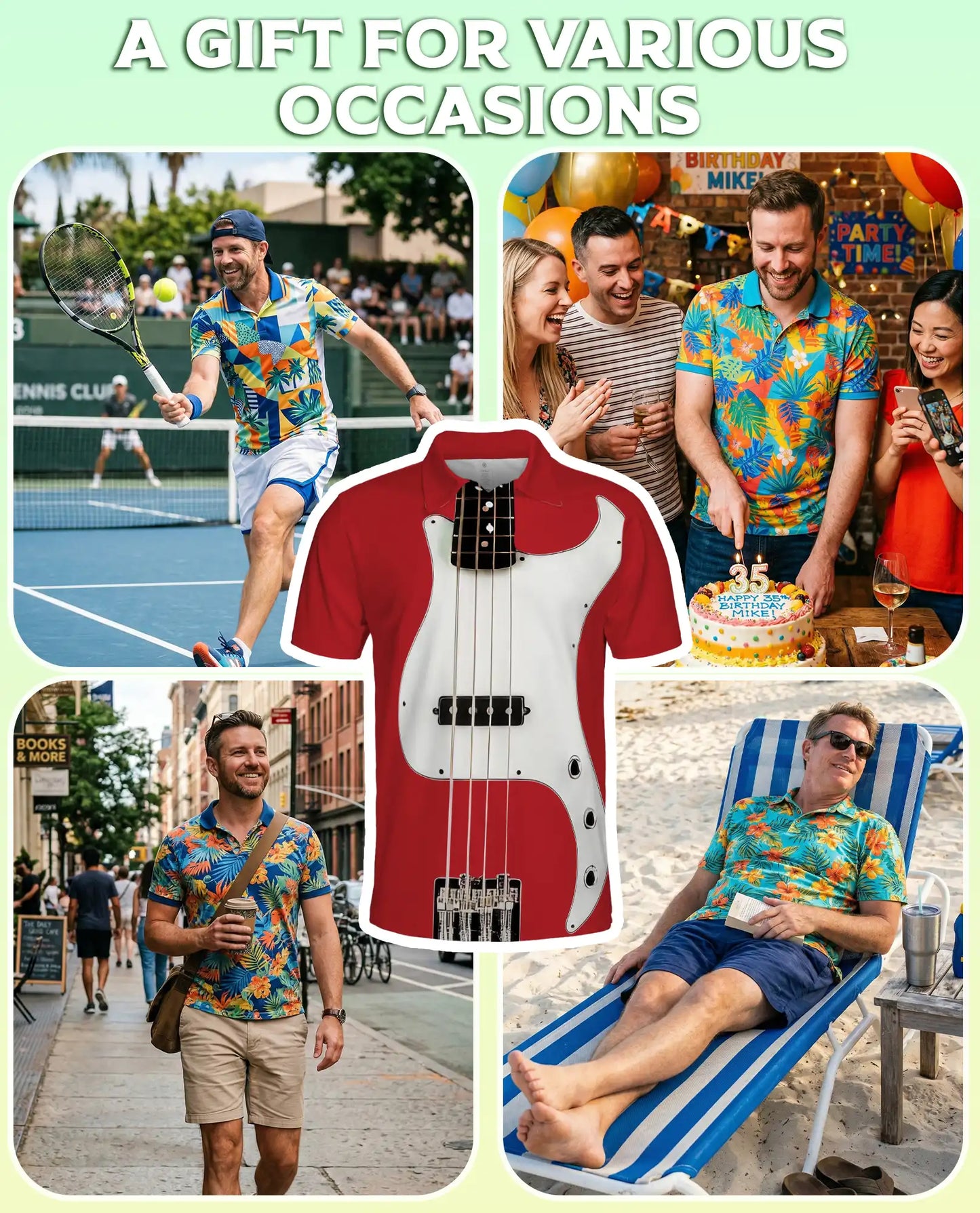 Bass Guitar 3D Polo Shirt for Men – Red Electric Music Style | Azhobbyshop