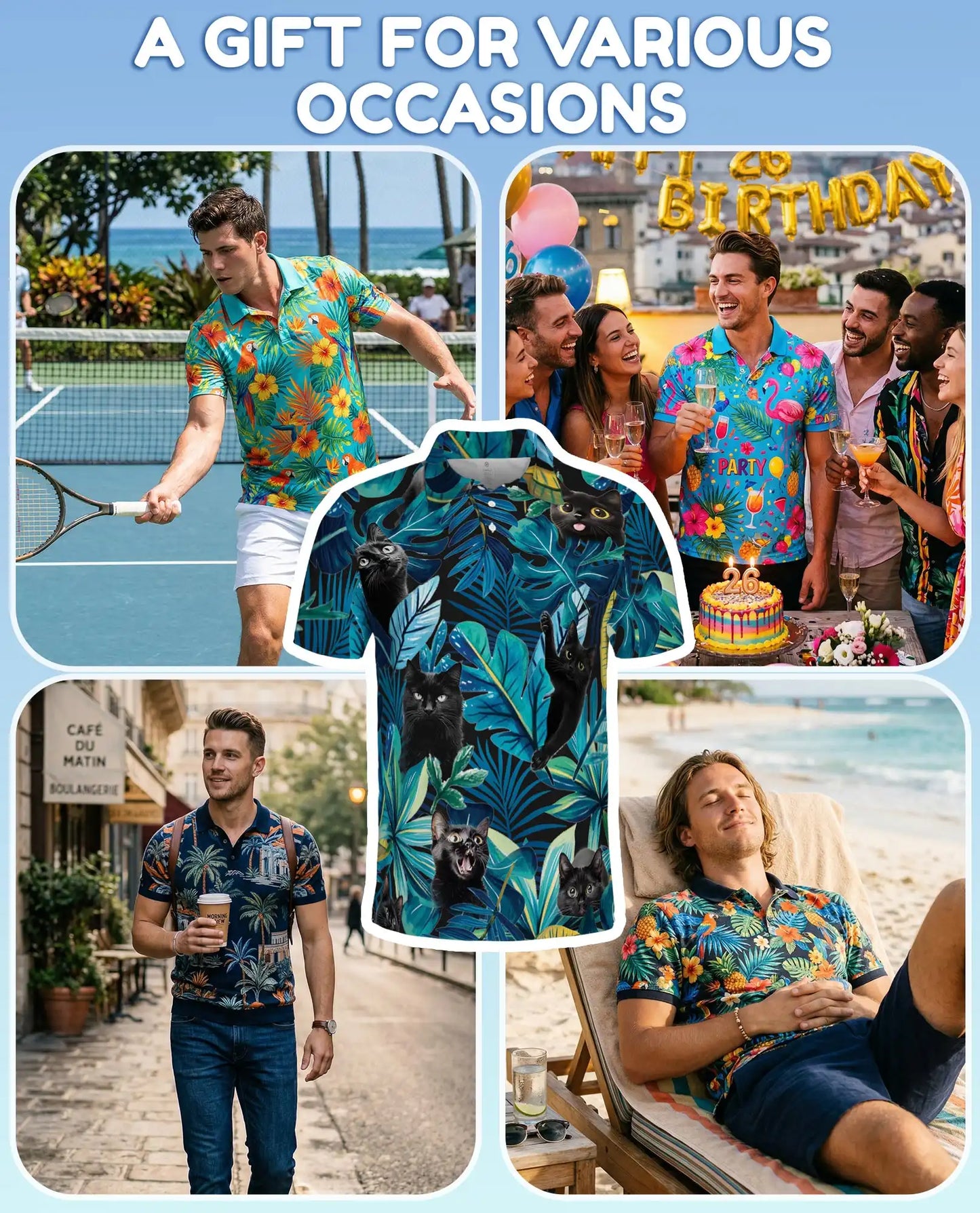Black Cat Hawaiian Polo Shirt – Cute Tropical Cat Leaf Design | Azhobbyshop