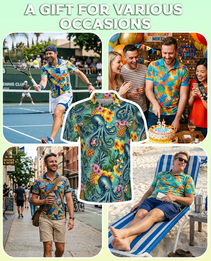 Octopus Hawaiian Polo Shirt -Tropical Pineapple Beach Style | Azhobbyshop