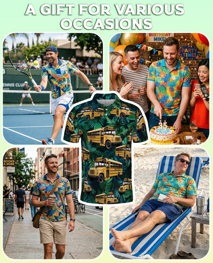 School Bus Hawaiian 3D Polo Shirt for Men – Tropical Driver Style | Azhobbyshop