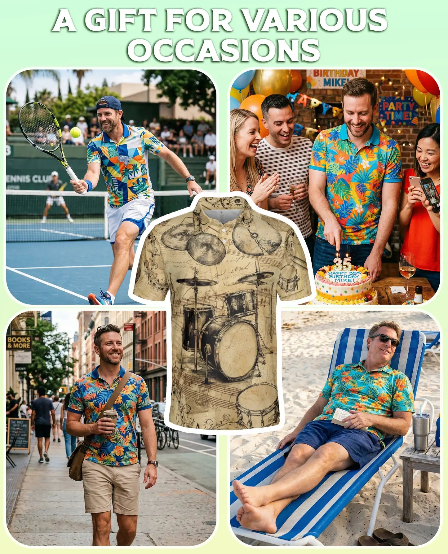 Drum Set 3D Polo Shirt for Men – Vintage Musician Drummer Style | Azhobbyshop