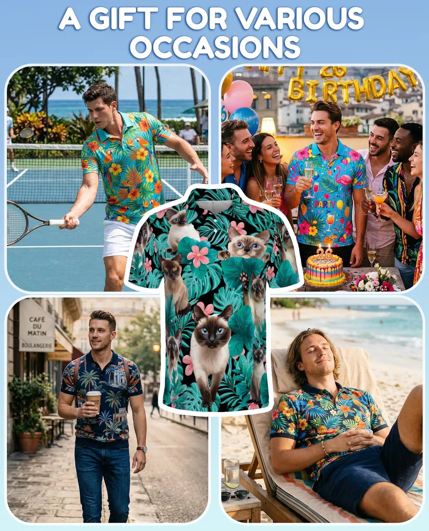 Siamese Cat Tropical Polo Shirt – Cute Hawaiian Cat Floral Design | Azhobbyshop