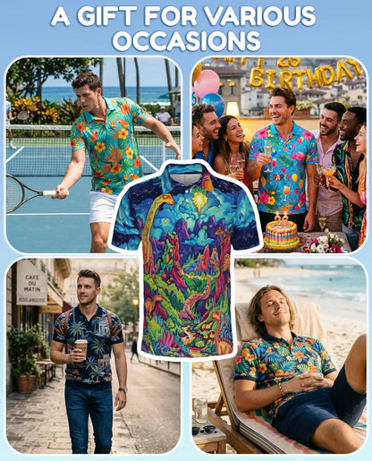 Psychedelic Dinosaur 3D Polo Shirt for Men – Fantasy Jurassic Colorful Art | Azhobbyshop