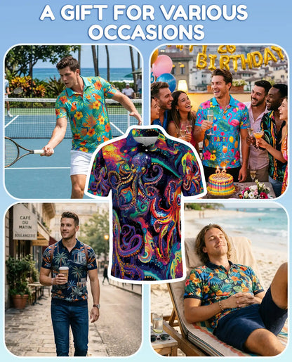 Octopus Psychedelic 3D Polo Shirt for Men – Colorful Ocean Art Style | Azhobbyshop