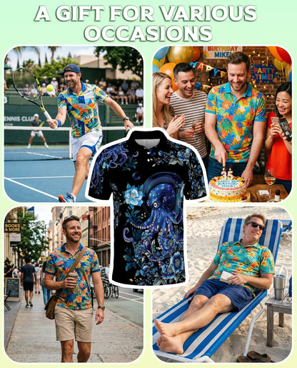 Blue Octopus Floral Polo Shirt – Ocean Sea Life Art Print | Azhobbyshop