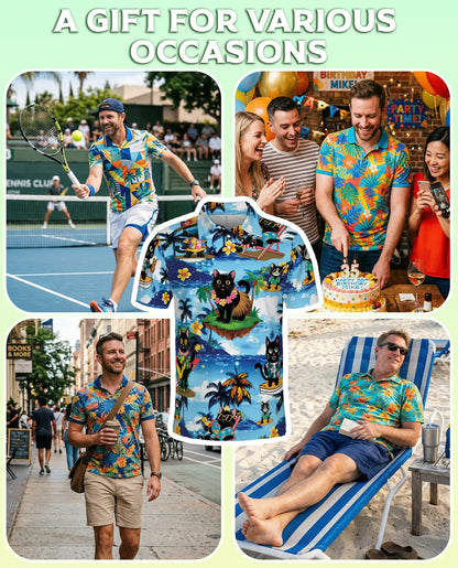 Black Cat Hawaiian 3D Polo Shirt for Men – Tropical Beach Cat Style | Azhobbyshop