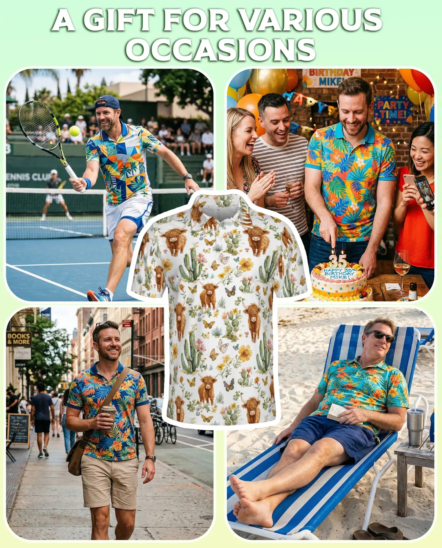 Highland Cow & Cactus 3D Polo Shirt for Men – Rustic Western Nature Print | Azhobbyshop