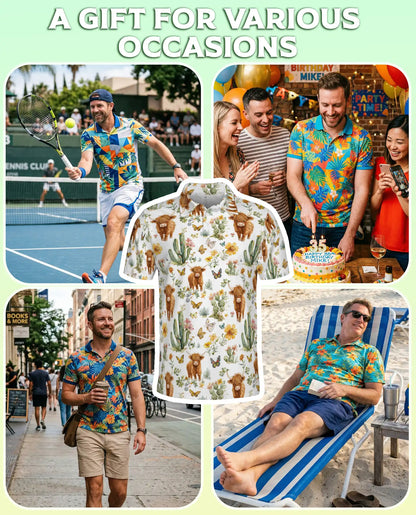 Highland Cow & Cactus 3D Polo Shirt for Men – Rustic Western Nature Print | Azhobbyshop